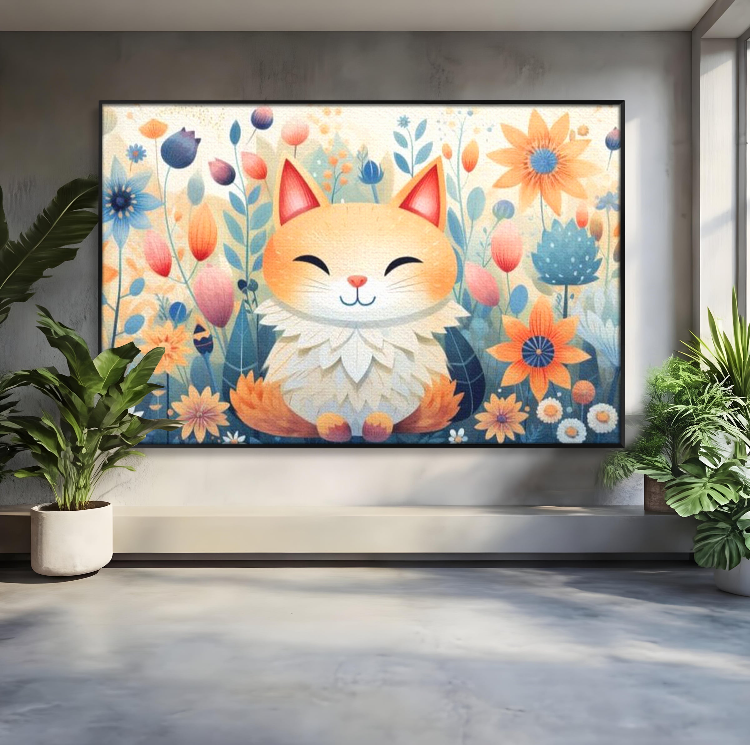 Tablou canvas cu tablou canvas cu pisicuta in gradina cu flori, in rama de aluminiu negru